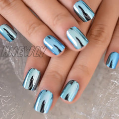 Hnewly Metallic Square Short Length Dating Press On Nails Women Or Girl Artficial Fashion Stick