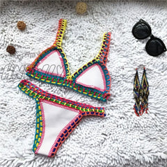 Hnewly Micro Bikini Women Handmade Crochet Knit Swimwear Halter Patchwork Bathing Suit Swimsuit