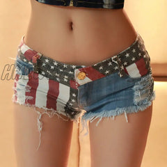 Hnewly Mid Waist Jeans Shorts Women New Fashion Usa Flag Printed Denim Pole Dance Skinny Hot Hole