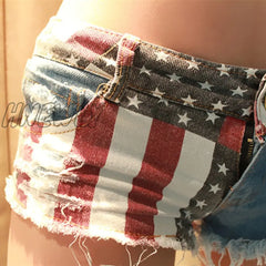 Hnewly Mid Waist Jeans Shorts Women New Fashion Usa Flag Printed Denim Pole Dance Skinny Hot Hole