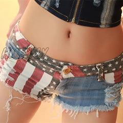 Hnewly Mid Waist Jeans Shorts Women New Fashion Usa Flag Printed Denim Pole Dance Skinny Hot Hole