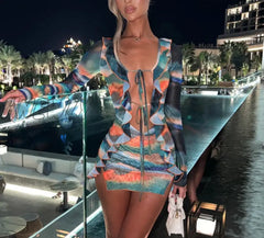 Hnewly Mini Dress Long Sleeve Lacing Tie-Dye Print Patchwork Slit Bodycon For Club Party