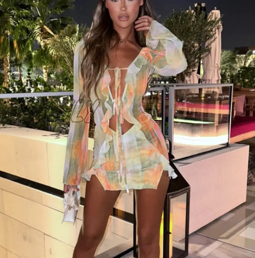 Hnewly Mini Dress Long Sleeve Lacing Tie-Dye Print Patchwork Slit Bodycon For Club Party