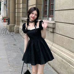 Hnewly Mini Dress Women Vintage Summer Vacation Street Style Chic Square Collar Ladies Sundress