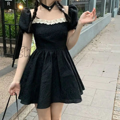 Hnewly Mini Dress Women Vintage Summer Vacation Street Style Chic Square Collar Ladies Sundress