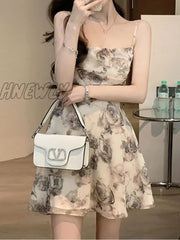 Hnewly Mini Dresses Women Vintage Floral Temper Hollow Out Summer French Style Aesthetic Party Chic