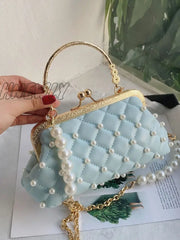 Hnewly - Mini Faux Pearl Decor Quilted Satchel Bag Women Satchels Blue Women-Satchels