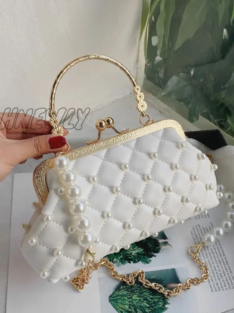 Hnewly - Mini Faux Pearl Decor Quilted Satchel Bag Women Satchels White Women-Satchels
