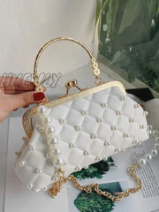 Hnewly - Mini Faux Pearl Decor Quilted Satchel Bag Women Satchels White Women-Satchels