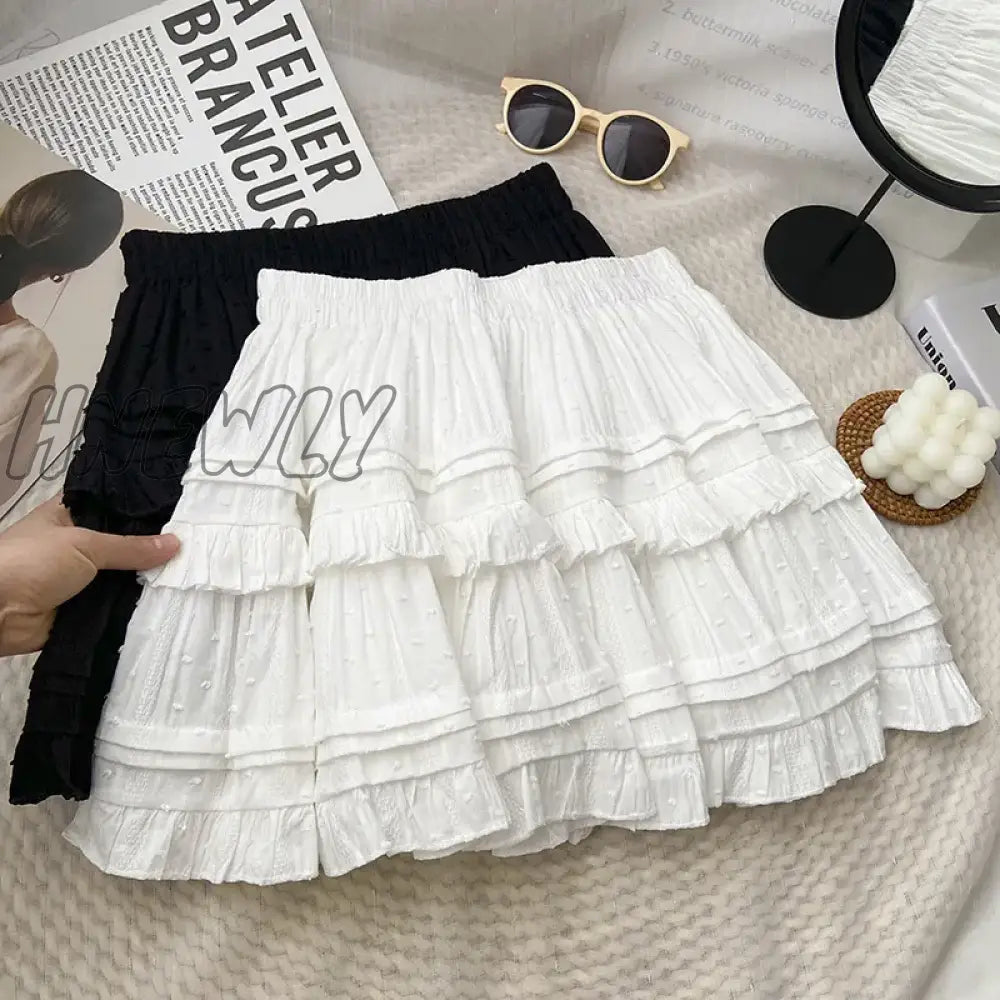Mini Pleated Skirt Women Summer Korean Fashion White Black All Match Ruffles Aesthetic High Waist Skirt Female