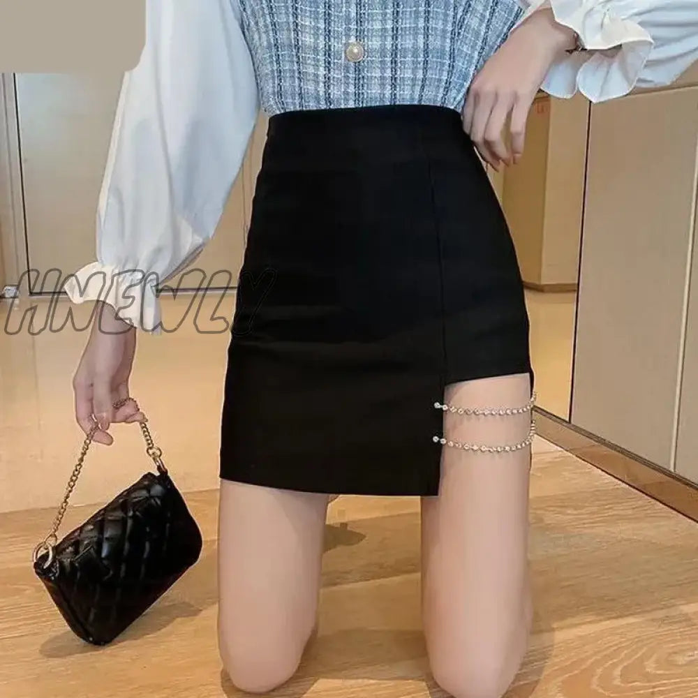Hnewly Mini Skirts Women Side-Slit Crystal-Chain Korean Style Slim Trendy Elegant Patchwork Female