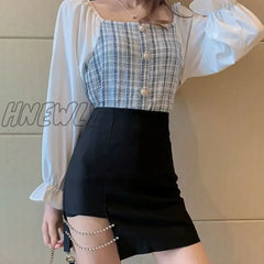 Hnewly Mini Skirts Women Side-Slit Crystal-Chain Korean Style Slim Trendy Elegant Patchwork Female