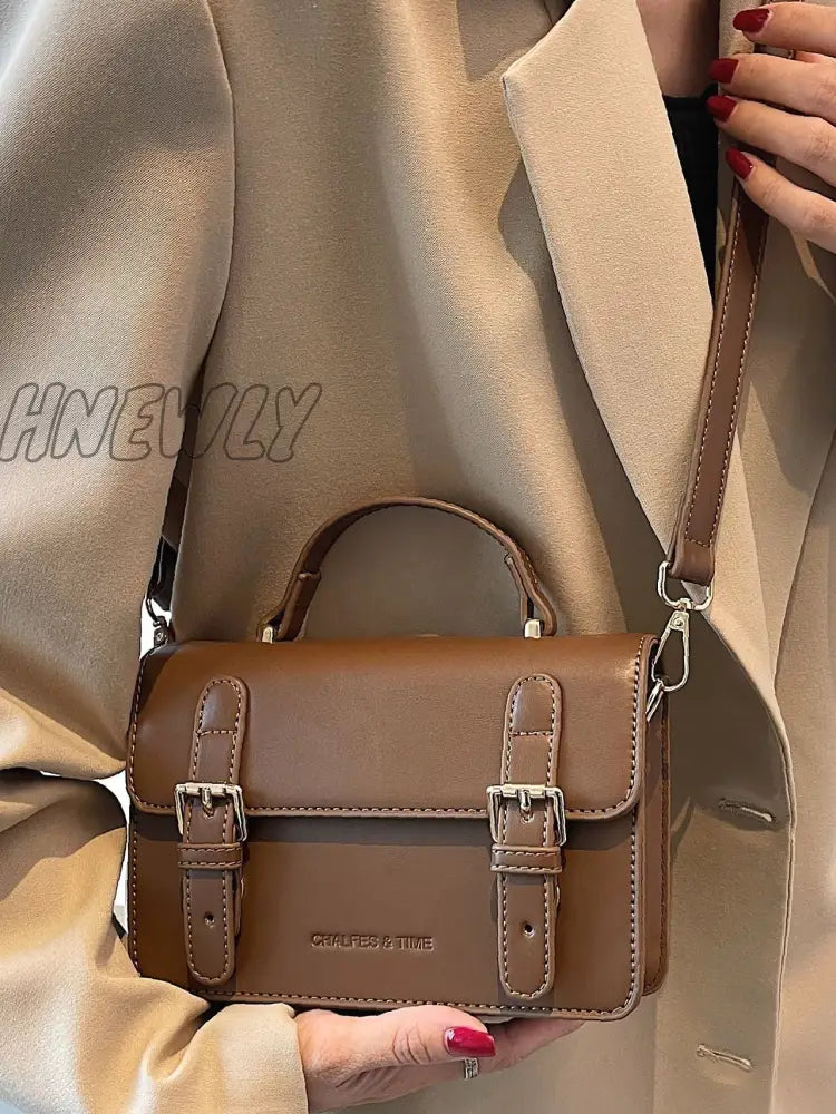 Hnewly - Minimalist Buckle Decor Satchel Bag Women Satchels Brown Women-Satchels