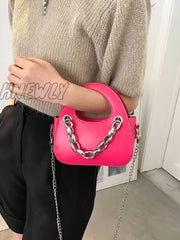 Hnewly - Minimalist Chain Decor Saddle Bag Women Satchels Hot Pink Women-Satchels
