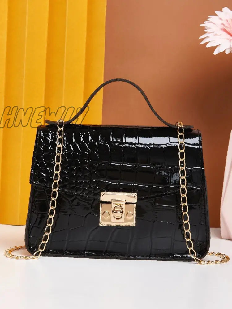 Hnewly - Minimalist Croc Embossed Flap Square Bag Women Satchels Black Women-Satchels