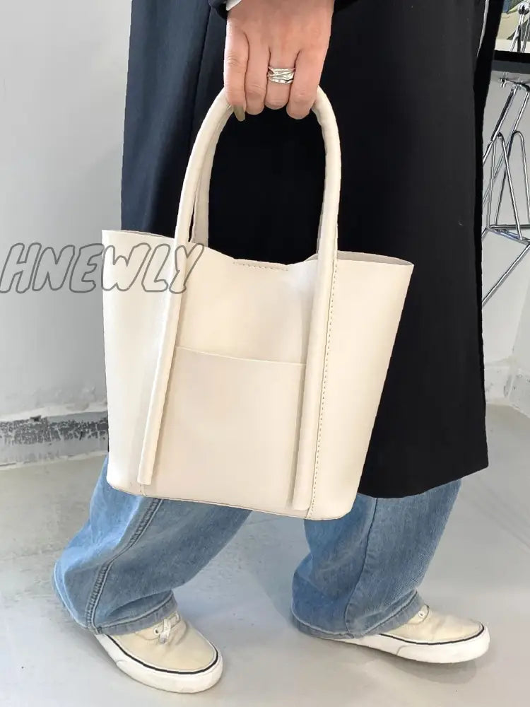 Hnewly - Minimalist Pocket Front Bucket Bag Women Satchels Beige Women-Satchels