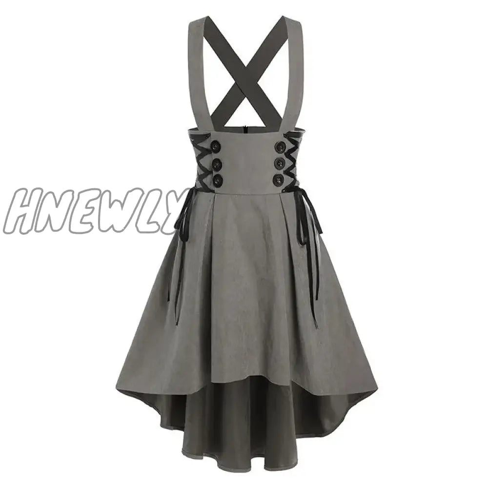 Hnewly Mock Button Lace-Up High Low Suspender Skirt A Line Casual Preppy Girls Dance Mini Cute