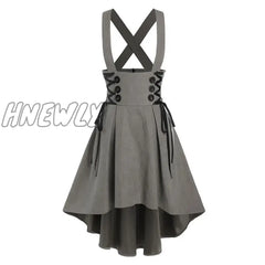 Hnewly Mock Button Lace-Up High Low Suspender Skirt A Line Casual Preppy Girls Dance Mini Cute