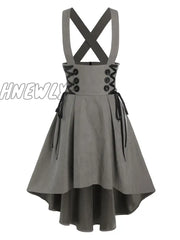 Hnewly Mock Button Lace-Up High Low Suspender Skirt A Line Casual Preppy Girls Dance Mini Cute