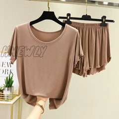 Hnewly Modal Short-Sleeved Sleepwear Women’s Summer Pajamas Set Bottoming Shirt Shorts Suit Large