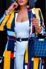 Hnewly - Multicolor Casual Print Cardigan Turn-Back Collar Outerwear Coats Suits