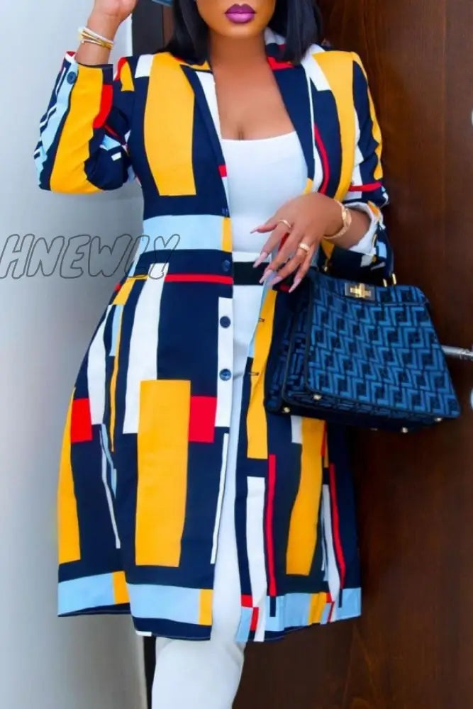 Hnewly - Multicolor Casual Print Cardigan Turn-Back Collar Outerwear Coats Suits