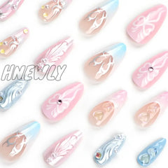 Hnewly New 3D Love Bows Fake Nail Pink Blue Almond False Nails Full Cover Wearable Artificial Press