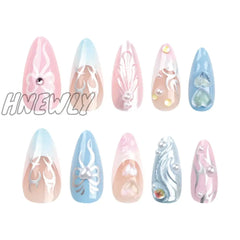 Hnewly New 3D Love Bows Fake Nail Pink Blue Almond False Nails Full Cover Wearable Artificial Press