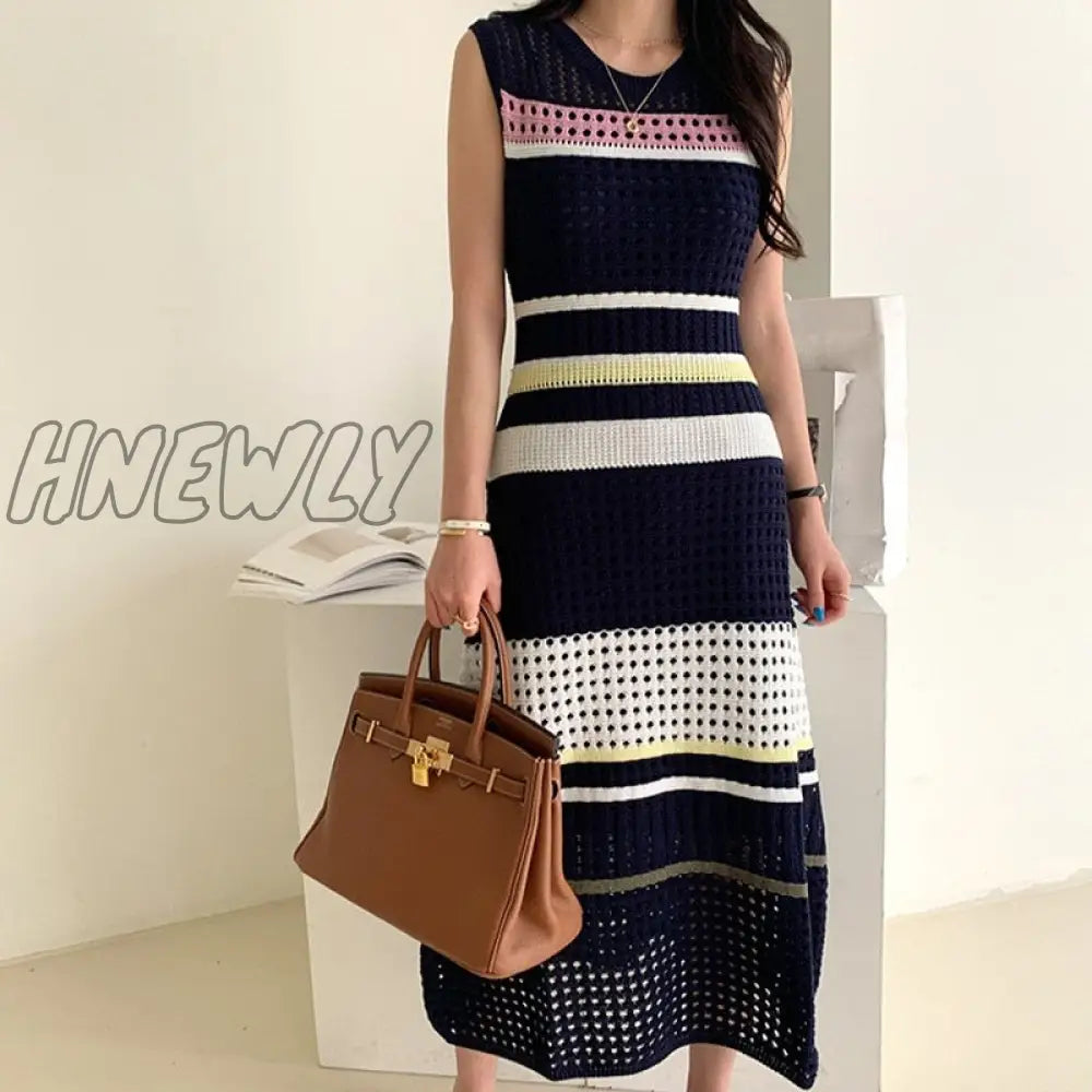 Hnewly New Arrival Runway Knitting Hollow Out Maxi Dress Women Sleeveless Striped Pathcwork Vestido