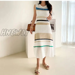 Hnewly New Arrival Runway Knitting Hollow Out Maxi Dress Women Sleeveless Striped Pathcwork Vestido