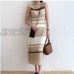 Hnewly New Arrival Runway Knitting Hollow Out Maxi Dress Women Sleeveless Striped Pathcwork Vestido