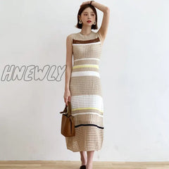 Hnewly New Arrival Runway Knitting Hollow Out Maxi Dress Women Sleeveless Striped Pathcwork Vestido