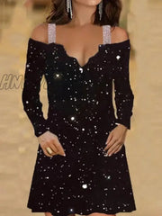 Hnewly New Arrival Women Long Sleeve Vintage Dress Lace Sequins Bodycon Goth Sexy Off Shoulder Slim