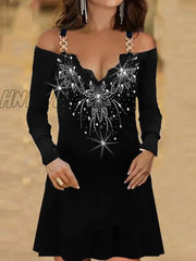 Hnewly New Arrival Women Long Sleeve Vintage Dress Lace Sequins Bodycon Goth Sexy Off Shoulder Slim