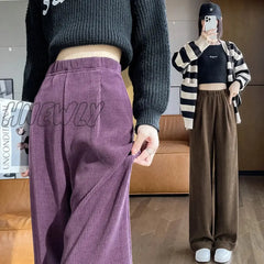 Hnewly New Autumn Winter Chenille Pants For Women Wide Leg Loose High Elastic Waist Purple White