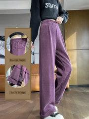 Hnewly New Autumn Winter Chenille Pants For Women Wide Leg Loose High Elastic Waist Purple White