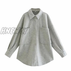 Hnewly New Autumn Winter Fashion Woolen Coat Women Loose Shirt Casual Solid Ladies Coat Lapel
