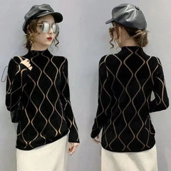 Hnewly New Autumn Winter T-Shirt Add Velvet Padded Warm Semi-High Collar Bottoming Shirt Fashion