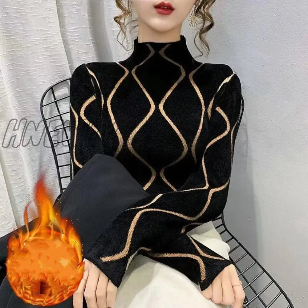 Hnewly New Autumn Winter T-Shirt Add Velvet Padded Warm Semi-High Collar Bottoming Shirt Fashion