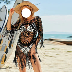 Hnewly New Bikini Cover Ups Women Long Sleeve Crochet Hollow Out Tassel Beach Dress See Through