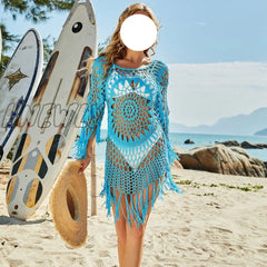Hnewly New Bikini Cover Ups Women Long Sleeve Crochet Hollow Out Tassel Beach Dress See Through