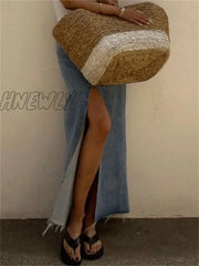 Hnewly New Casual High Waist Denim Skirts Women Spilt Out Maxi Jean Skirt Summer Holiday Long