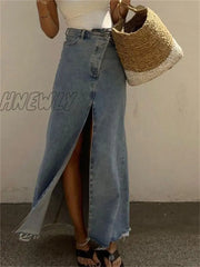 Hnewly New Casual High Waist Denim Skirts Women Spilt Out Maxi Jean Skirt Summer Holiday Long Blue