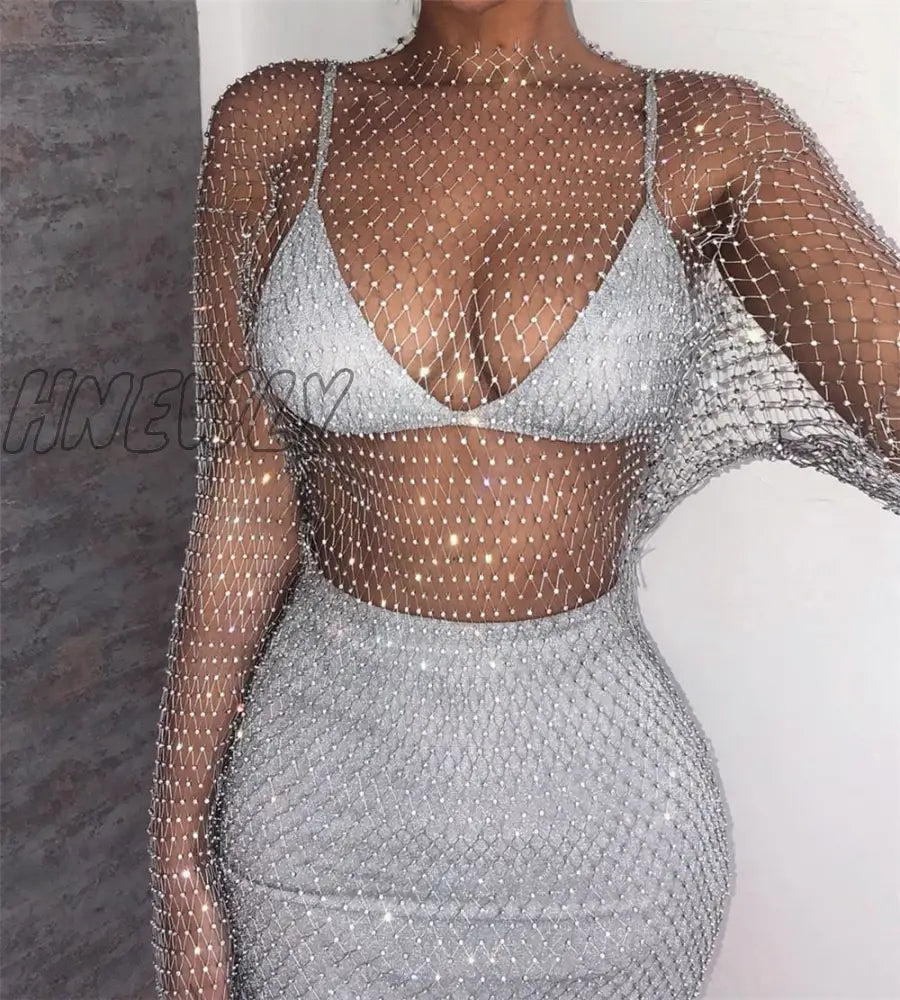 Hnewly New Crystal Diamond Sexy Bodycon Dress Women Hollow Out Long Sleeve Mini Summer See Through