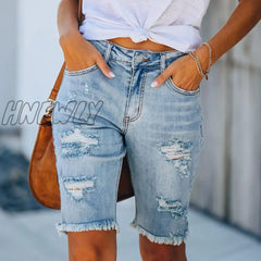 Hnewly New Cycling Denim Shorts Woman Fashion Tassel Tight Five-Point Washed Sexy Female Summer