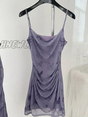Hnewly New Design Bufferfly Print Spaghetti Strap Dress Elegant Temperament Sexy Gauze Corset
