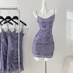 Design Bufferfly Print Spaghetti Strap Dress Elegant Temperament Sexy Gauze Corset Dress Purple Banquet Prom Gown Coquette