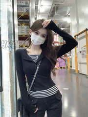 Hnewly New Design Fashion T-Shirts Women Square Collar Fake Two Pieces Striped Top Long Sleeve Slim