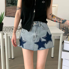 Hnewly New Embroidery Jean Short Skirt Summer Japanese Y2K With Belt Vintage Fashion Denim