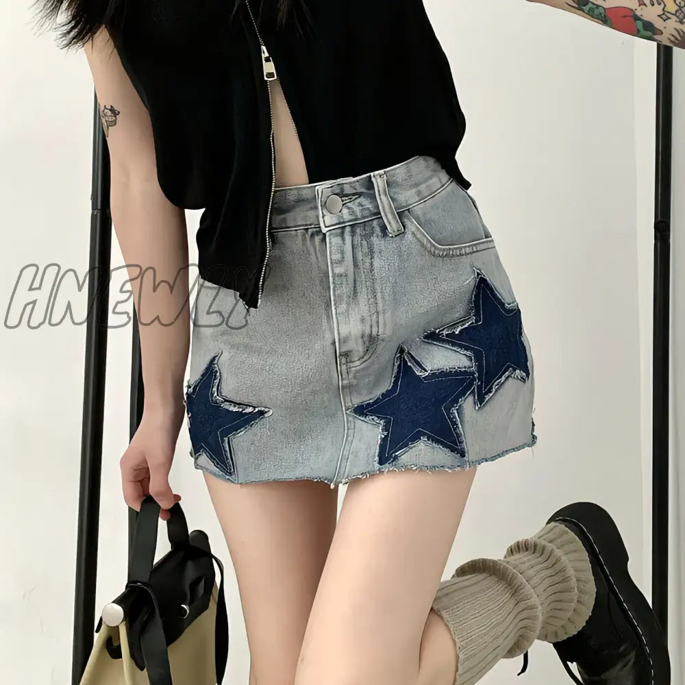 Hnewly New Embroidery Jean Short Skirt Summer Japanese Y2K With Belt Vintage Fashion Denim